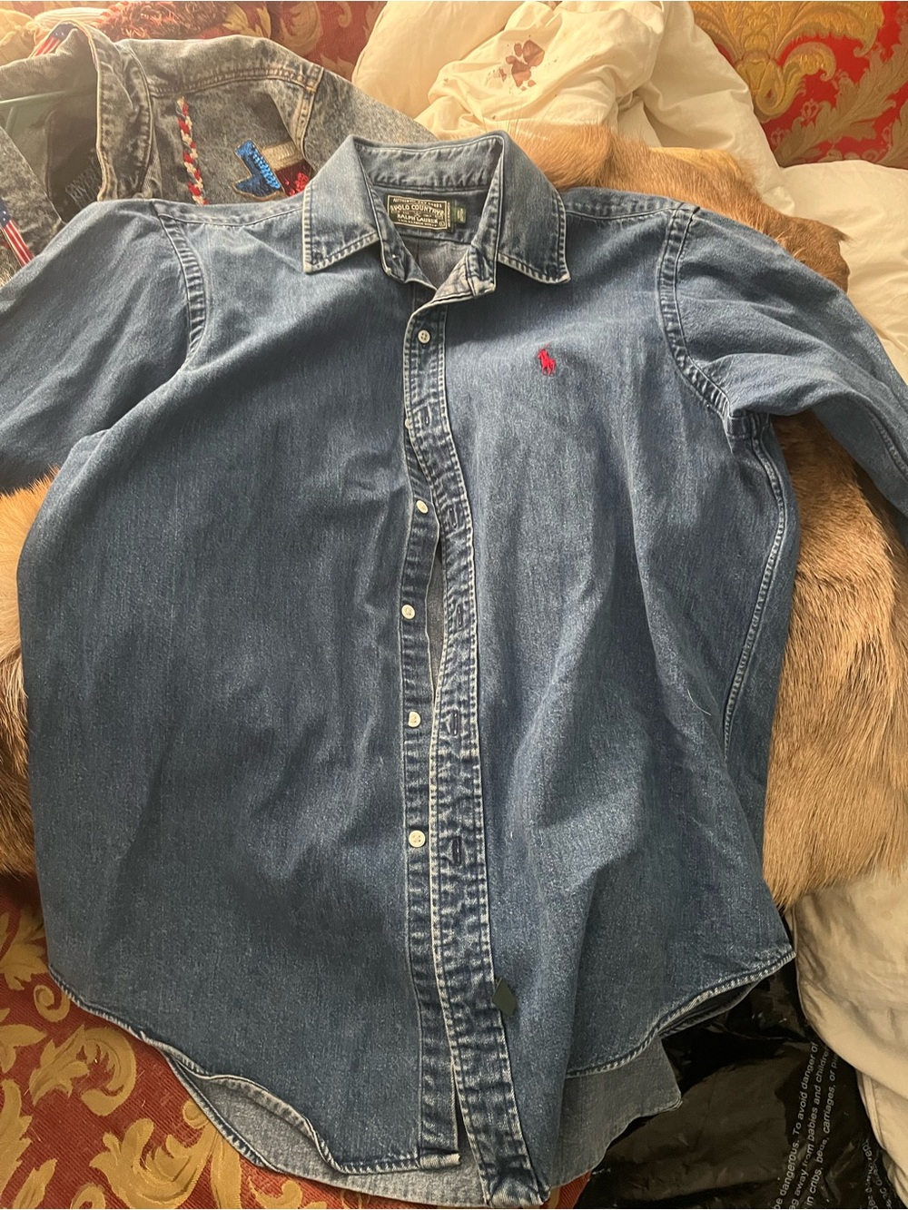 Ralph Lauren Dark Blue Denim Button-Down Shirt with Red Pony